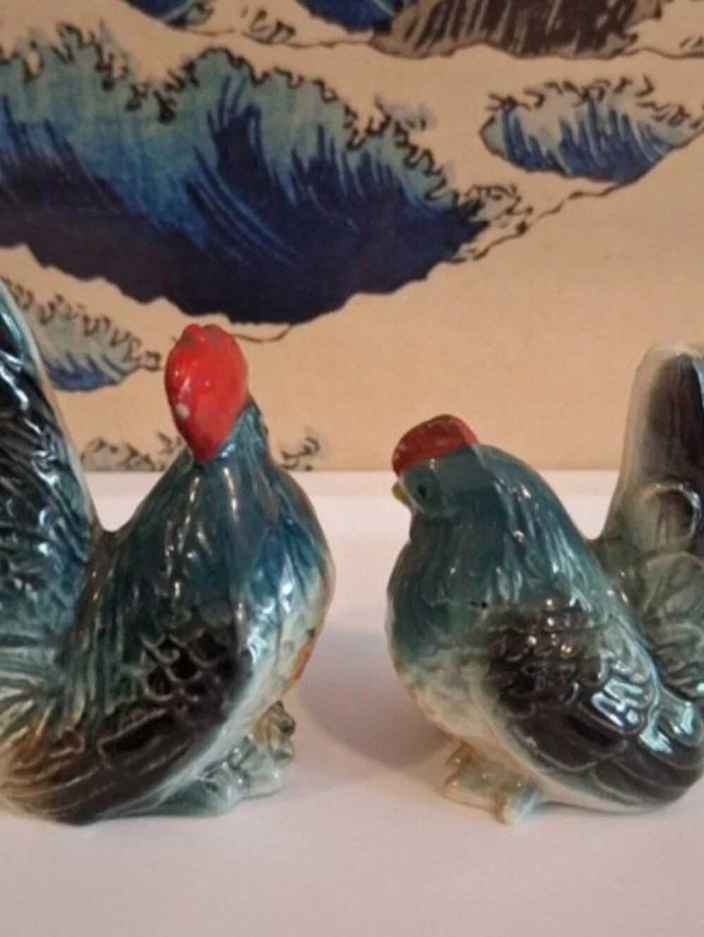Source Unknown Blue and Red Ceramic Rooster Salt & Pepper Shakers